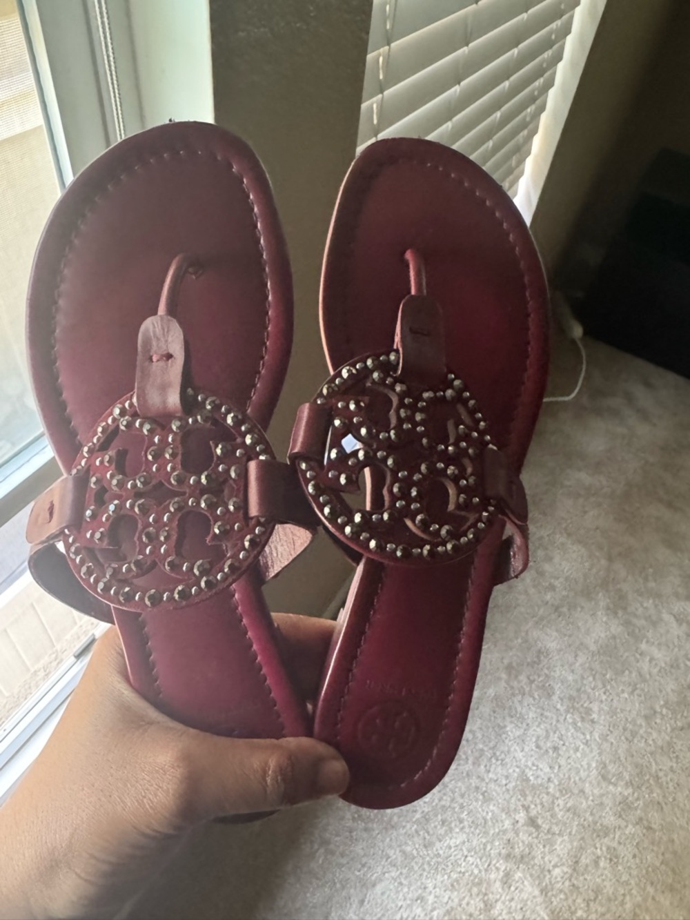 Tory Burch Burgundy Studded Miller Thong Sandals dust bag included.